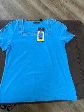 Rafaella Bright Blue Short Sleeve Top with Crochet Square Neck